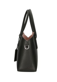 Borsa a mano in pelle nera con una forma strutturata, texture liscia, doppi manici, hardware argentato e un interno chiaro a contrasto.