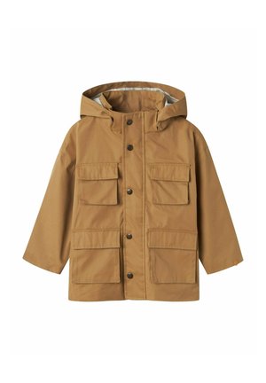 Braune, kapuzenjacke aus leichtem Material. Verfügt über vier Vordertaschen, Druckknopfverschluss und ein glattes Innenfutter.