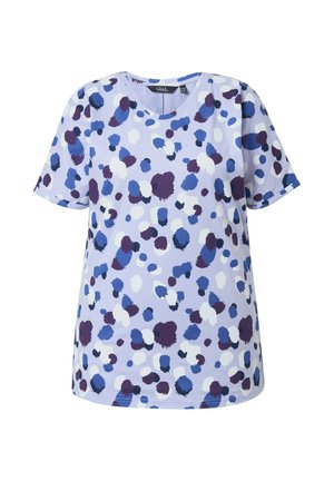 Lavender short-sleeve shirt with round neck, covered in irregular blue, navy, white, and purple paint splatter pattern.