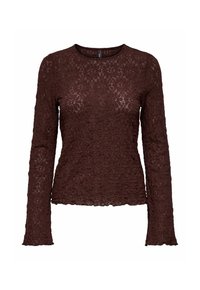 Top in pizzo lungo maniche marrone scuro con motivo floreale, scollatura rotonda e orlo e polsini leggermente scallop.