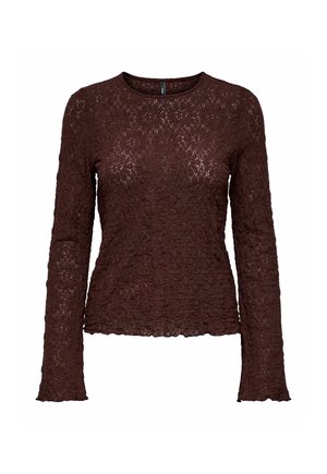Ciemnobrązowa bluzka z długim rękawem, zdobiona koronką, z kwiatowym wzorem, okrągłym dekoltem oraz lekko falbaniastym dołem i mankietami.
