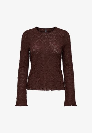 Top de encaje de manga larga color marrón oscuro con patrón floral, cuello redondo y dobladillo y puños ligeramente ondulados.