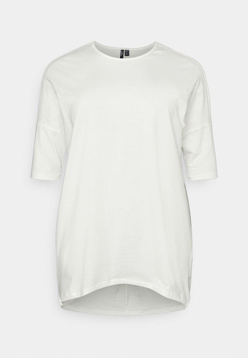 T-shirt branco de mangas curtas, feito de algodão macio, com um decote redondo e uma bainha curvada, apresentando um corte descontraído.