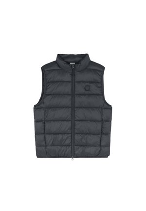 Vest negru fără mâneci, căptușit, cu guler înalt și fermoar frontal. Are cusături orizontale și un accent circular pe piept.