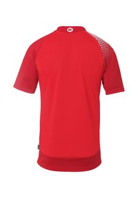 Rood sportshirt met korte mouwen en een gladde textuur. Heeft een ronde hals en patroonaccenten op de schouders. Logo op de hals.