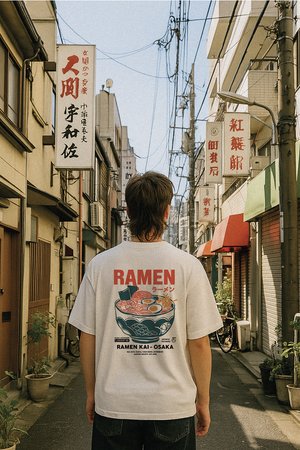 Person wearing white T-shirt with ramen bowl print stands on narrow street lined with signs and buildings in Japanese urban area.