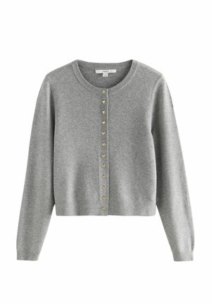 Gray knitted cardigan with a round neckline, featuring gold heart-shaped buttons down the center. Long sleeves and ribbed hem details.