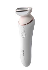 Rasoir Philips, blanc et rose doré, avec une tête à grille plate, une forme ergonomique, un bouton d'alimentation et une étiquette "Humide et Sec", conçu pour une utilisation polyvalente.