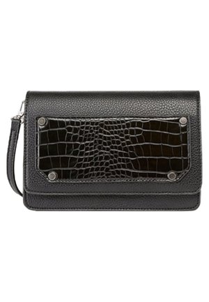 Black leather wallet with a textured crocodile pattern on the front, featuring silver hardware accents and a detachable wrist strap.