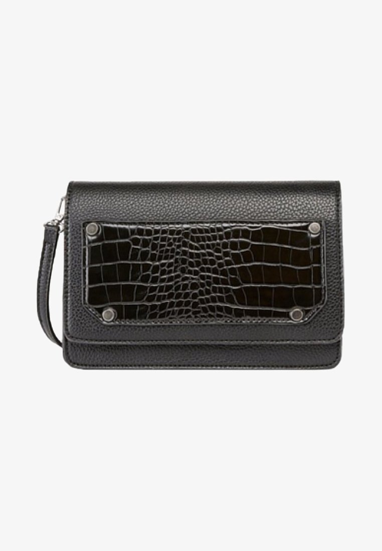 Black leather wallet with a textured crocodile pattern on the front, featuring silver hardware accents and a detachable wrist strap.