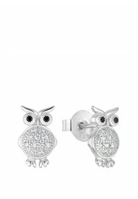 Los pendientes de búho plateados cuentan con un cuerpo circular adornado con cristales claros y negros, con alas y patas detalladas. Acabado brillante y pulido.
