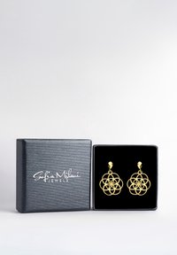 Orecchini d'oro con un design floreale, caratterizzati da cerchi interconnessi. Esibiti in una scatola di gioielli nera con una superficie testurizzata e un logo bianco.