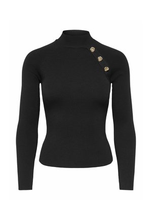 Sort tætsiddende sweater med lange ærmer, høj hals og tre dekorative guldknapper på den ene skulder.