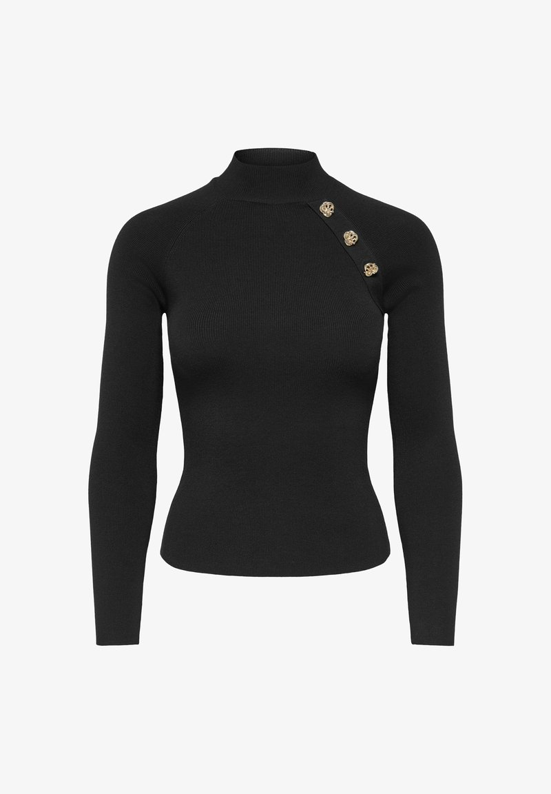 Pull noir moulant à manches longues avec col montant et trois boutons dorés décoratifs sur une épaule.