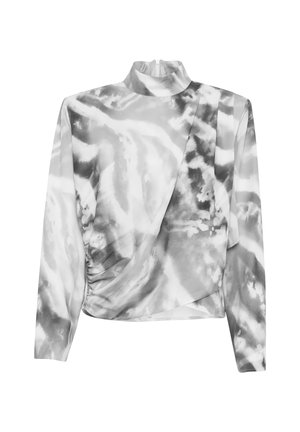 Long-sleeve top in gray and white tie-dye print, featuring a high collar and draped design with ruching on the side for added texture.