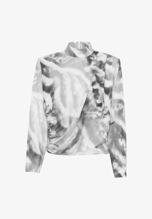 Dlouhý rukáv šedé a bílé tričko s tie-dye potiskem, s vysokým límcem a volným střihem, s řasením na boku pro přidanou strukturu.