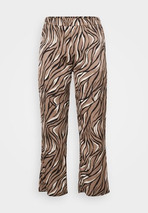 Brūni un krēmbalti zebra raksta bikses ar elastīgu jostasvietu, kas izceļas ar platu kāju dizainu un gludu auduma tekstūru.