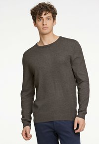 Brun stickad tröja med långa ärmar, rund hals, ribbade muddar och nederkant. Tillverkad av mjukt tyg med en slät textur.