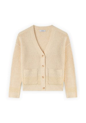 Cardigan beige lavorato a maglia con scollo a V, chiusura con bottoni e due tasche frontali. Presenta un design a trama aperta e testurizzata.