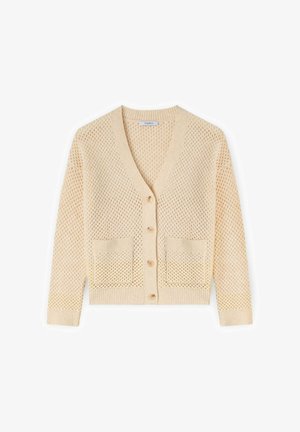 Cardigan beige lavorato a maglia con scollo a V, chiusura con bottoni e due tasche frontali. Presenta un design a trama aperta e testurizzata.