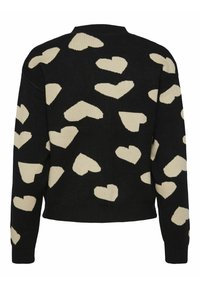 Pull noir avec un tricot texturé présentant de grands motifs en forme de cœur beige partout. Poignets et ourlet côtelés, encolure arrondie, coupe décontractée.