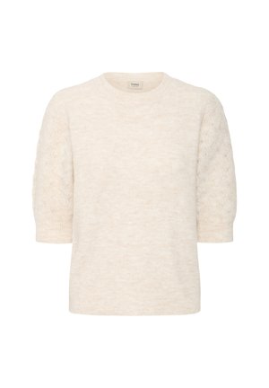 Hellbeige gestrickter Pullover mit kurzen Ärmeln, der ein strukturiertes Kabelmuster an den Ärmeln und einen Rundhalsausschnitt aufweist.