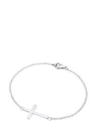 Srebrna zapestnica s preprostim obeskom v obliki križa. Križ je raven in postavljen na sredino, zapenjanje pa je z zaponko v obliki jastogove kremplje.