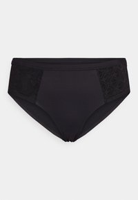 Zwarte bikinibroek met een gladde afwerking, voorzien van gemusterde zwarte gaaspanelen aan de zijkanten en een geplooid detail aan de voorkant.