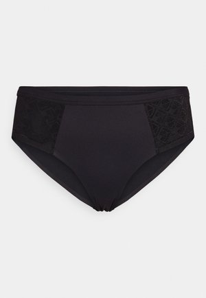 Black bikini bottom with a smooth finish, featuring patterned black mesh panels on the sides and a gathered detail at the center front.