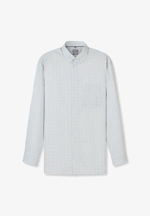 Wit overhemd met lange mouwen en knopen, met een lichtblauw en grijs ruitpatroon; heeft een borstzak en een klassiek kraagontwerp.