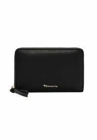Black textured leather wallet with gold logo, zip closure, and small leather pull tab. Rectangular shape, smooth finish, and minimalistic design.