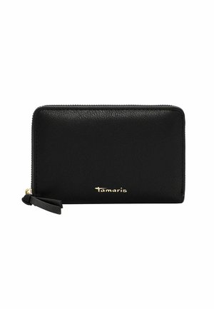 Black textured leather wallet with gold logo, zip closure, and small leather pull tab. Rectangular shape, smooth finish, and minimalistic design.