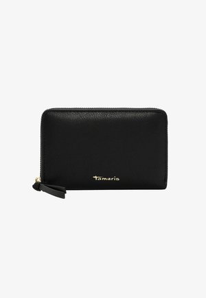 Black textured leather wallet with gold logo, zip closure, and small leather pull tab. Rectangular shape, smooth finish, and minimalistic design.