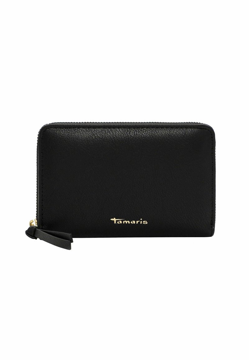 Black textured leather wallet with gold logo, zip closure, and small leather pull tab. Rectangular shape, smooth finish, and minimalistic design.