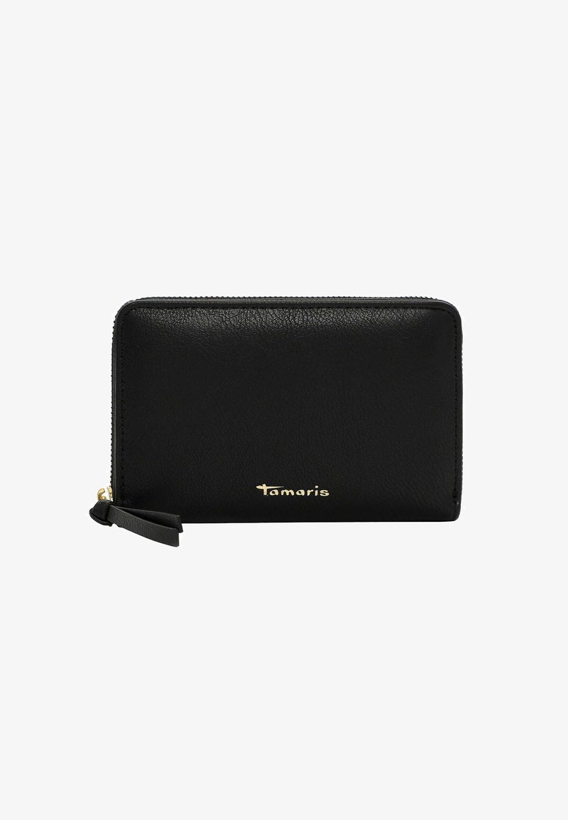 Black textured leather wallet with gold logo, zip closure, and small leather pull tab. Rectangular shape, smooth finish, and minimalistic design.