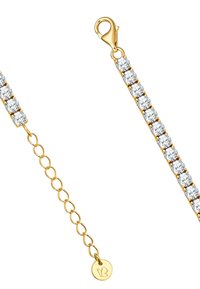 Zlatý náramok s priehľadnými, guľatými kryštálmi usporiadanými v línii, s karabínou a nastaviteľným reťazcom s okrúhlym príveskom.