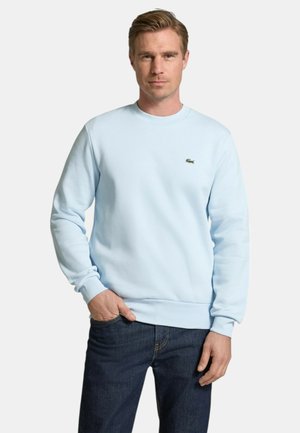 Light blue sweatshirt in cotton blend with ribbed crew neckline and cuffs. Lacoste logo in dark green on left chest. Paired with dark jeans.