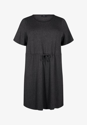 Harmaa lyhythihainen mekko pehmeästä kankaasta, jossa on pyöreä kaula-aukko ja säädettävä vyötärönyöri mukautuvaa istuvuutta varten. Sileä rakenne, rento muotoilu.