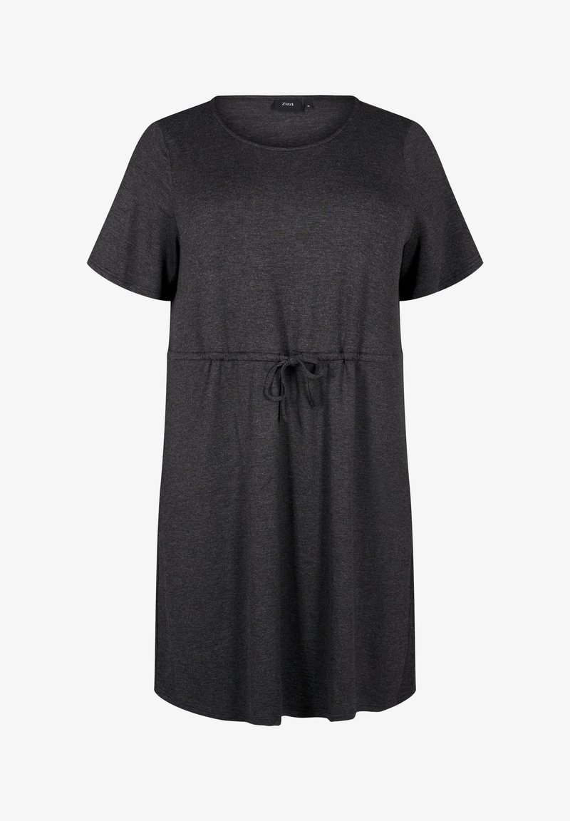 Pilkas trumpas rankovėmis suknelė, pagaminta iš minkštos medžiagos, su apykakle ir raišteliu juosmai, leidžiančiu reguliuoti tinkamumą. Lygi tekstūra, kasdieniškas dizainas.