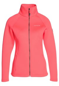 Veste en polaire de couleur rose vif, avec un col haut, fermeture éclair sur le devant et deux poches latérales. Texture lisse avec une coupe ajustée.