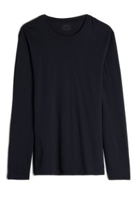 Schwarzes Langarm-T-Shirt aus weichem Stoff, mit rundem Ausschnitt, glatter Textur und einem einfachen, unverzierten Design.