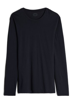 Schwarzes Langarm-T-Shirt aus weichem Stoff, mit rundem Ausschnitt, glatter Textur und einem einfachen, unverzierten Design.
