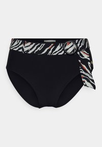 Parte inferior de biquíni preta com uma cintura em padrão zebra com detalhes laranja e um fecho circular preto. Tecido liso e elástico.