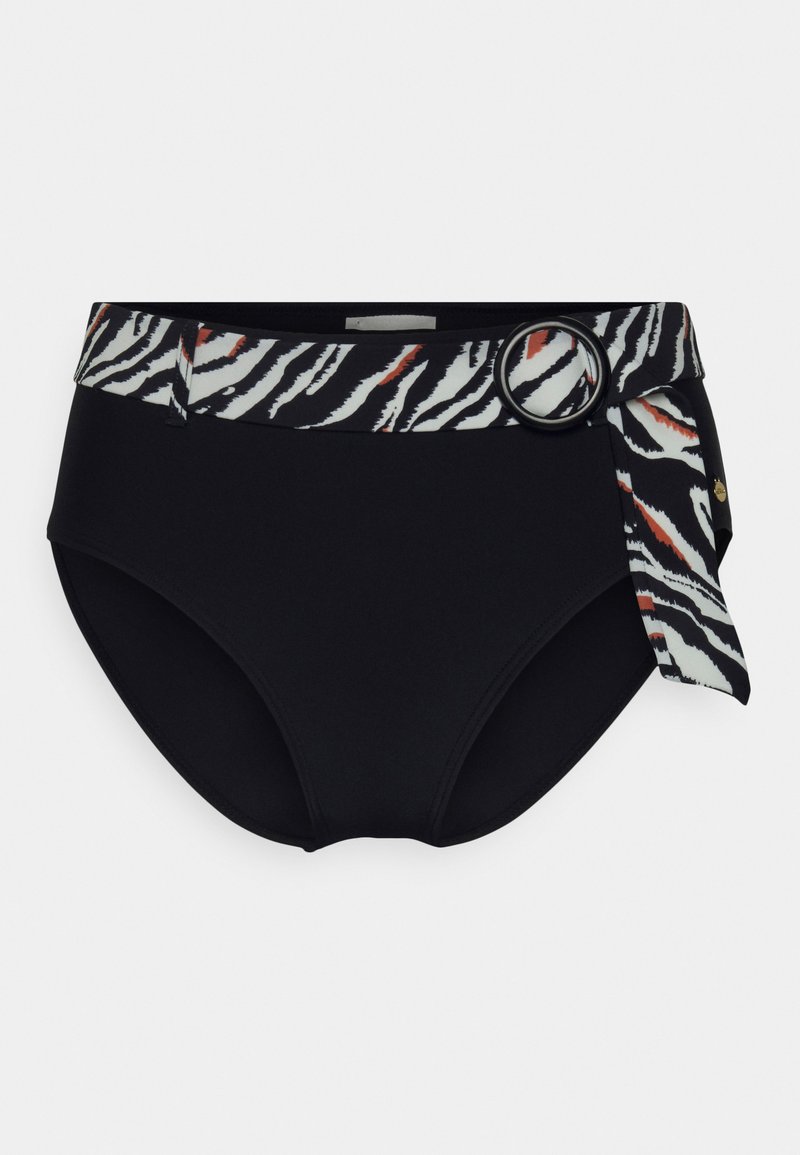 Parte inferior de biquíni preta com uma cintura em padrão zebra com detalhes laranja e um fecho circular preto. Tecido liso e elástico.