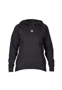 Schwarzer Hoodie aus weichem Stoff, mit einer Fronttasche, verstellbaren Kordeln und einem weißen Logo auf der Brust.