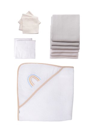 Soft white hooded towel with a rainbow embroidery, beige trim, and six light gray and white cloths with a textured pattern.