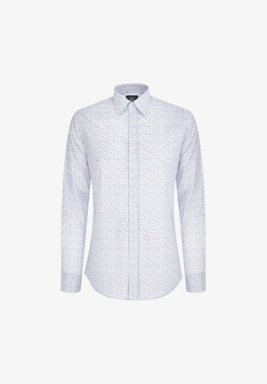 Koszula z długim rękawem w jasnoniebieskim kolorze z bawełny, z białym kwiatowym wzorem, z kołnierzykiem na guziki i zapięciem na guziki z przodu. Gładka tekstura, slim fit.