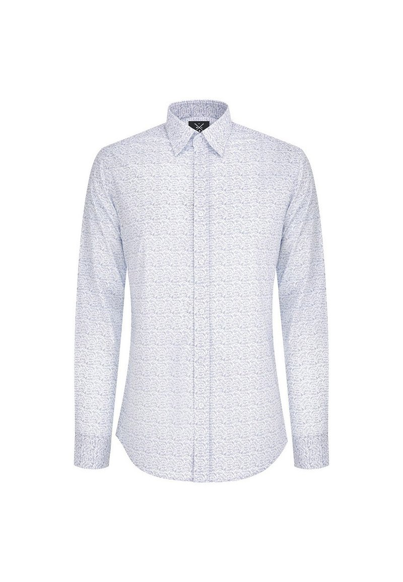 Koszula z długim rękawem w jasnoniebieskim kolorze z bawełny, z białym kwiatowym wzorem, z kołnierzykiem na guziki i zapięciem na guziki z przodu. Gładka tekstura, slim fit.