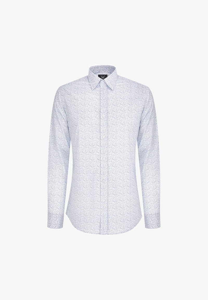 Koszula z długim rękawem w jasnoniebieskim kolorze z bawełny, z białym kwiatowym wzorem, z kołnierzykiem na guziki i zapięciem na guziki z przodu. Gładka tekstura, slim fit.