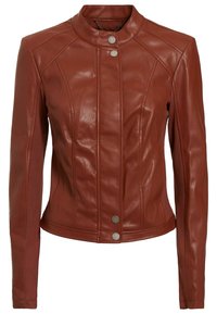 Veste en cuir marron avec un design ajusté, un col montant, une fermeture à boutons-pression, et des coutures verticales sur le devant et les manches.